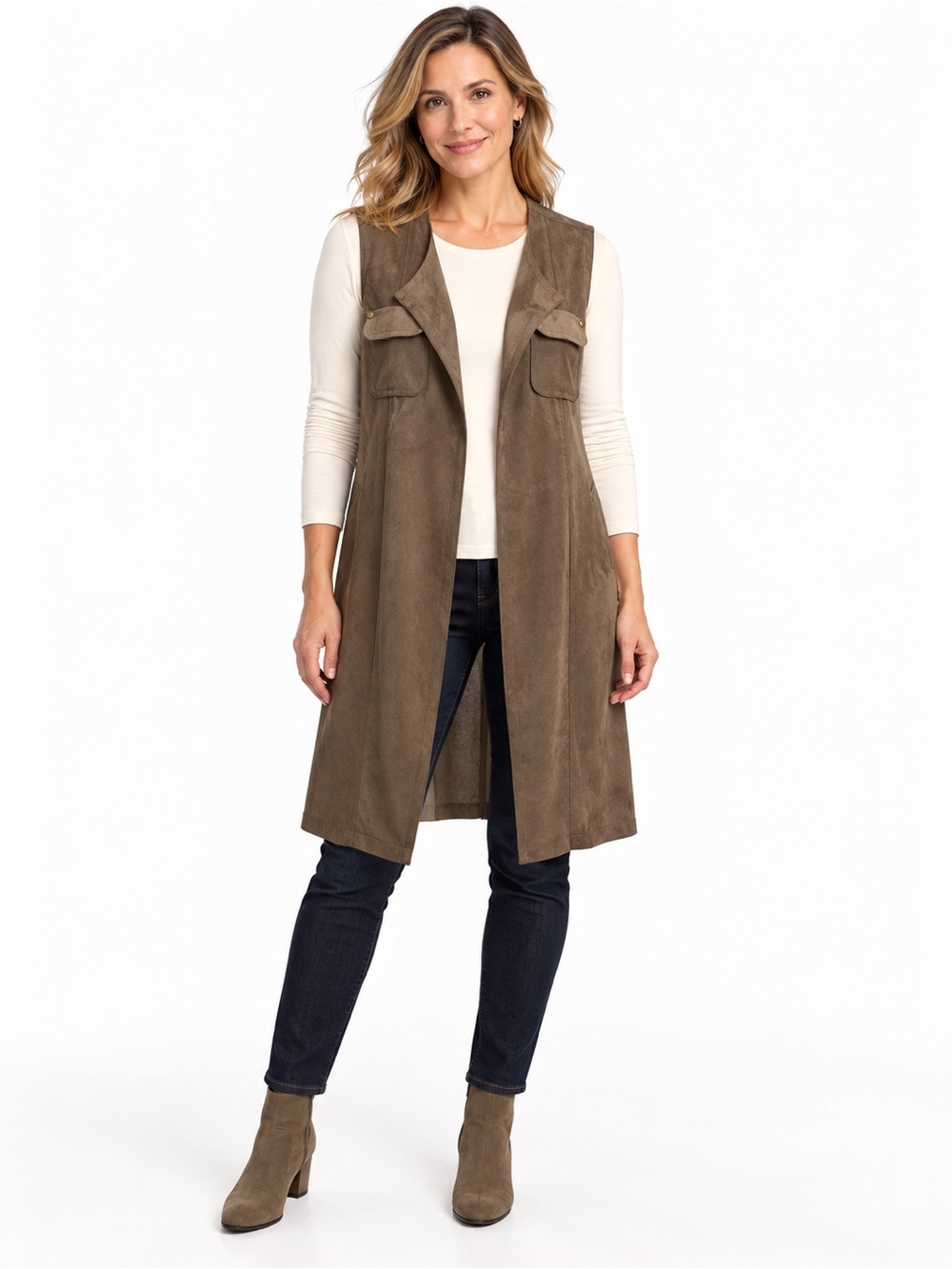 Chico’s 1 Petite Faux Suede Long Open Front Vest Taupe Brown